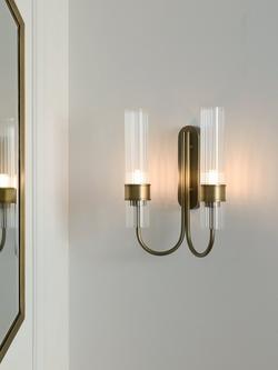 John Lewis Fluted Glass 2 Arm Wall Light, Brass - view 2, Brass