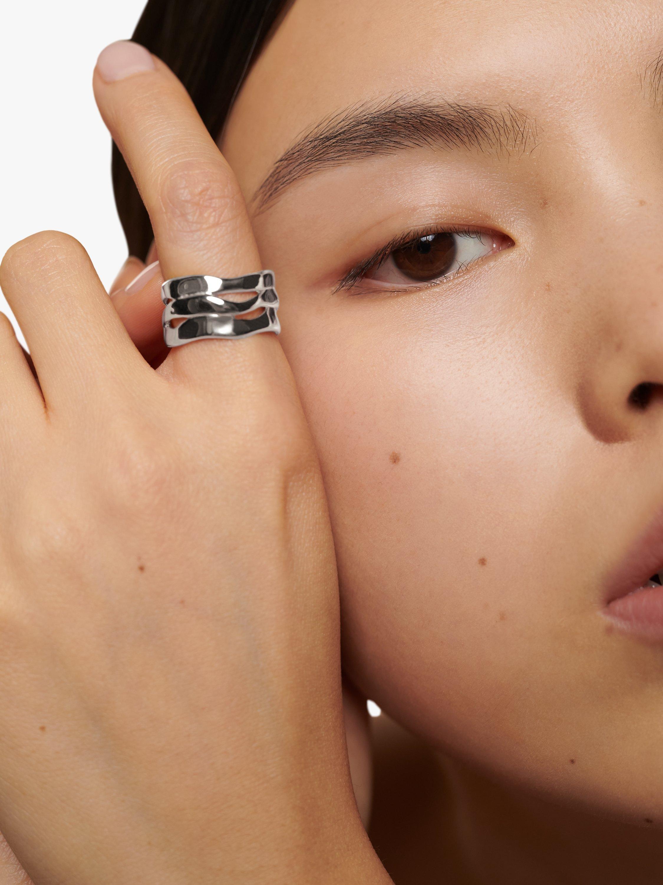 Product image 2 of 3, which shows Monica Vinader The Wave Triple Band Ring, Silver, P
