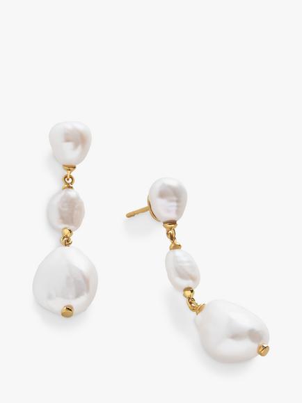 Monica Vinader Nura Triple Pearl Drop Earrings, Gold/White, Gold