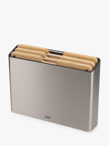 Joseph Joseph Folio Bamboo Chopping Boards & Stainless Steel Storage Case, Set of 3, Silver/Natural
