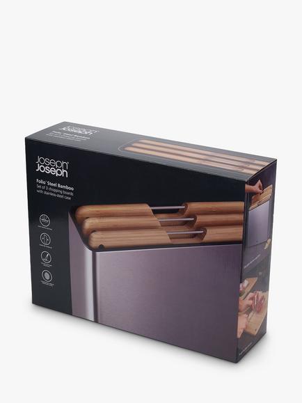 Joseph Joseph Folio Bamboo Chopping Boards & Stainless Steel Storage Case, Set of 3 - view 2, Silver/Natural