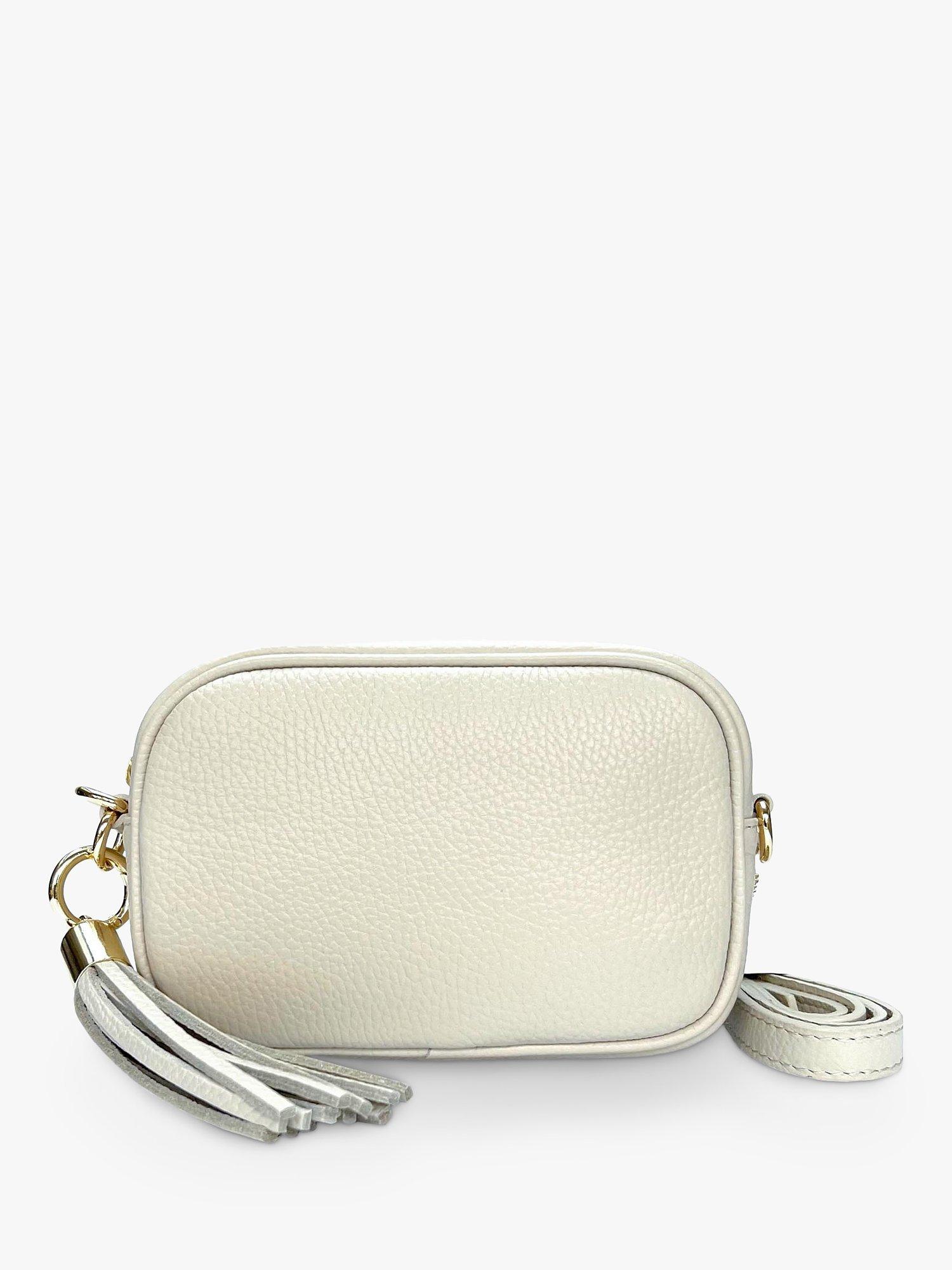 Product image 1 of 5, which shows Apatchy London The Mini Tassel Leather Crossbody Phone Bag, Stone