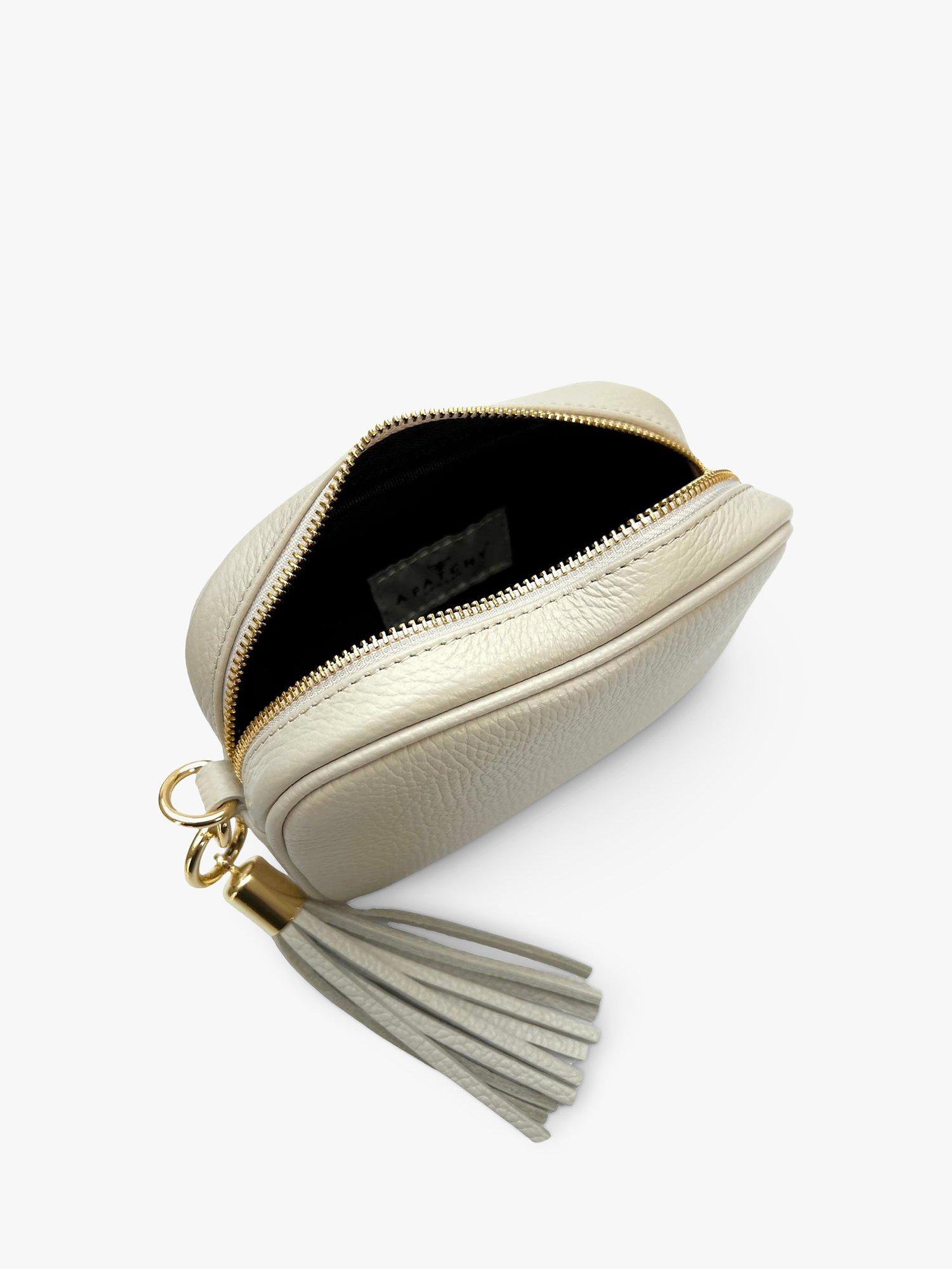 Product image 4 of 5, which shows Apatchy London The Mini Tassel Leather Crossbody Phone Bag, Stone