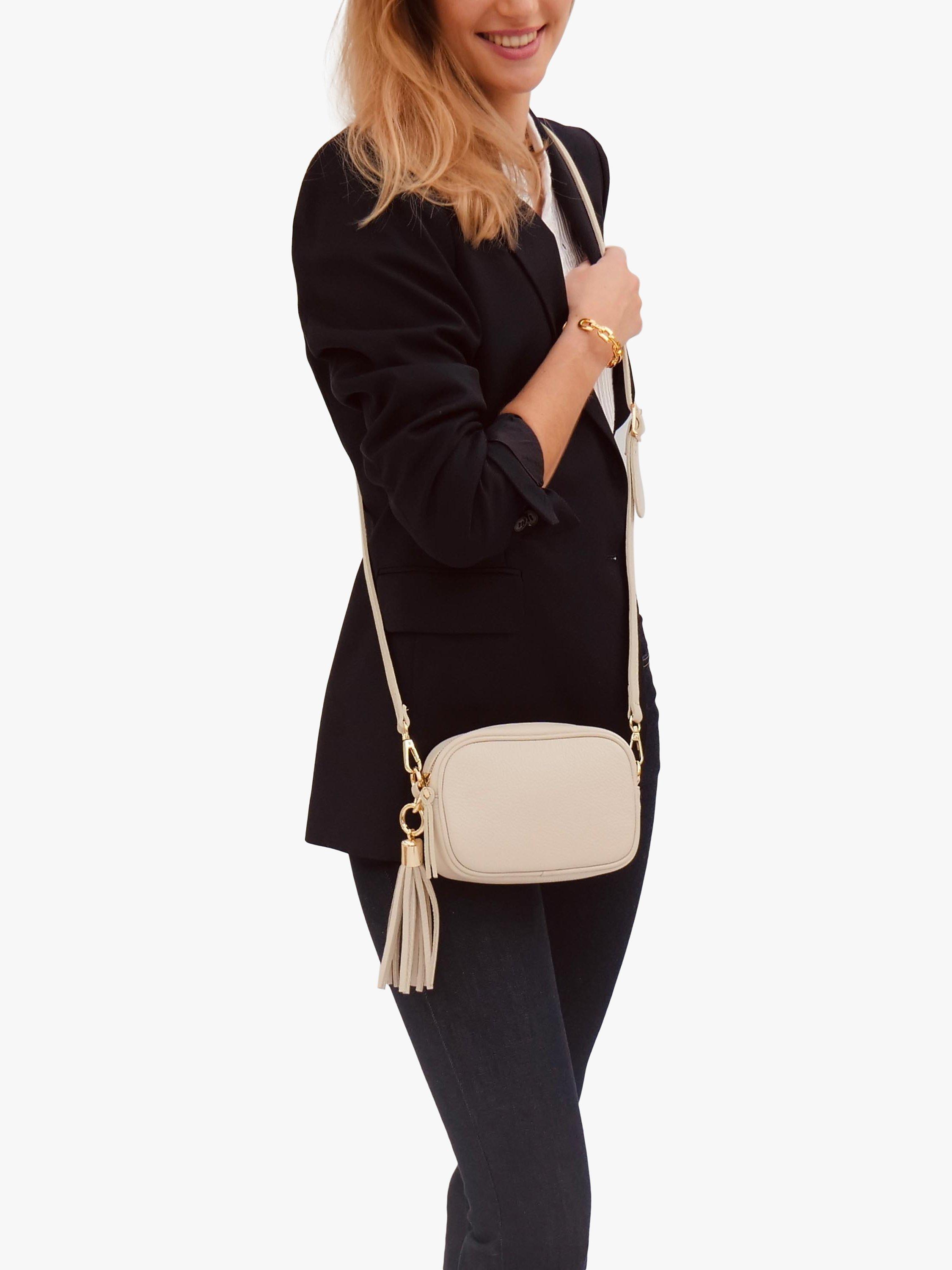 Product image 5 of 5, which shows Apatchy London The Mini Tassel Leather Crossbody Phone Bag, Stone