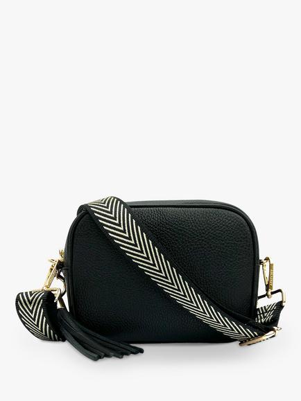 Apatchy London Metallic Chevron Strap Leather Crossbody Bag, Black/Gold, Black/Gold