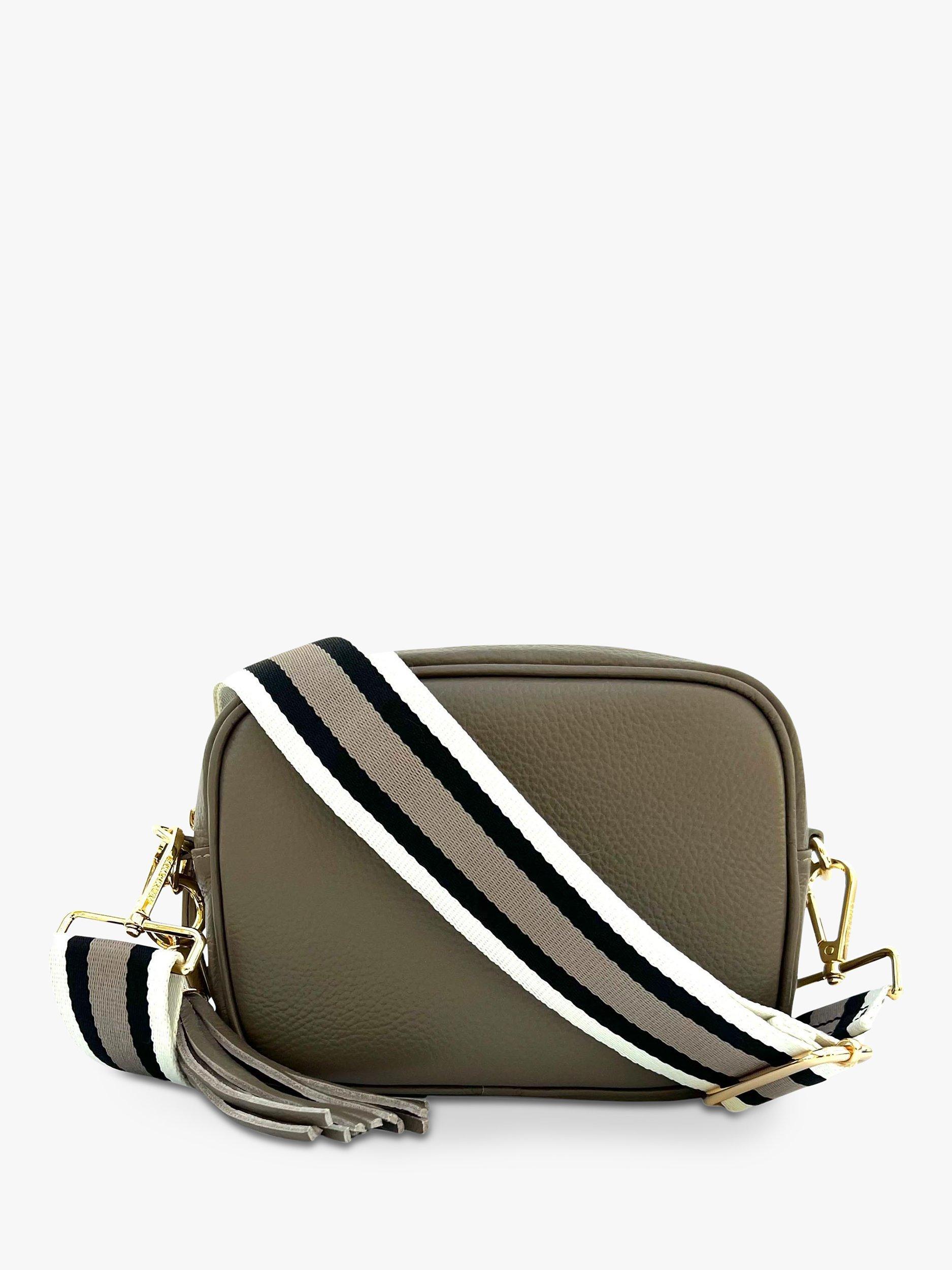 Product image 1 of 4, which shows Apatchy London Stripe Strap Leather Crossbody Bag, Latte/Multi
