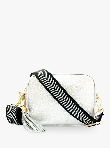 Apatchy London Chevron Strap Leather Cross Body Bag, Silver/Multi