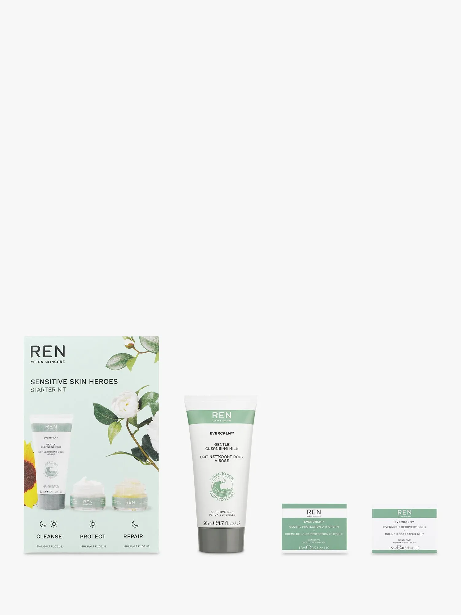 REN Clean Skincare Cleanse, Calm & Protect Kit – Gesichtsreiniger, Tagescreme & Sonnenschutz