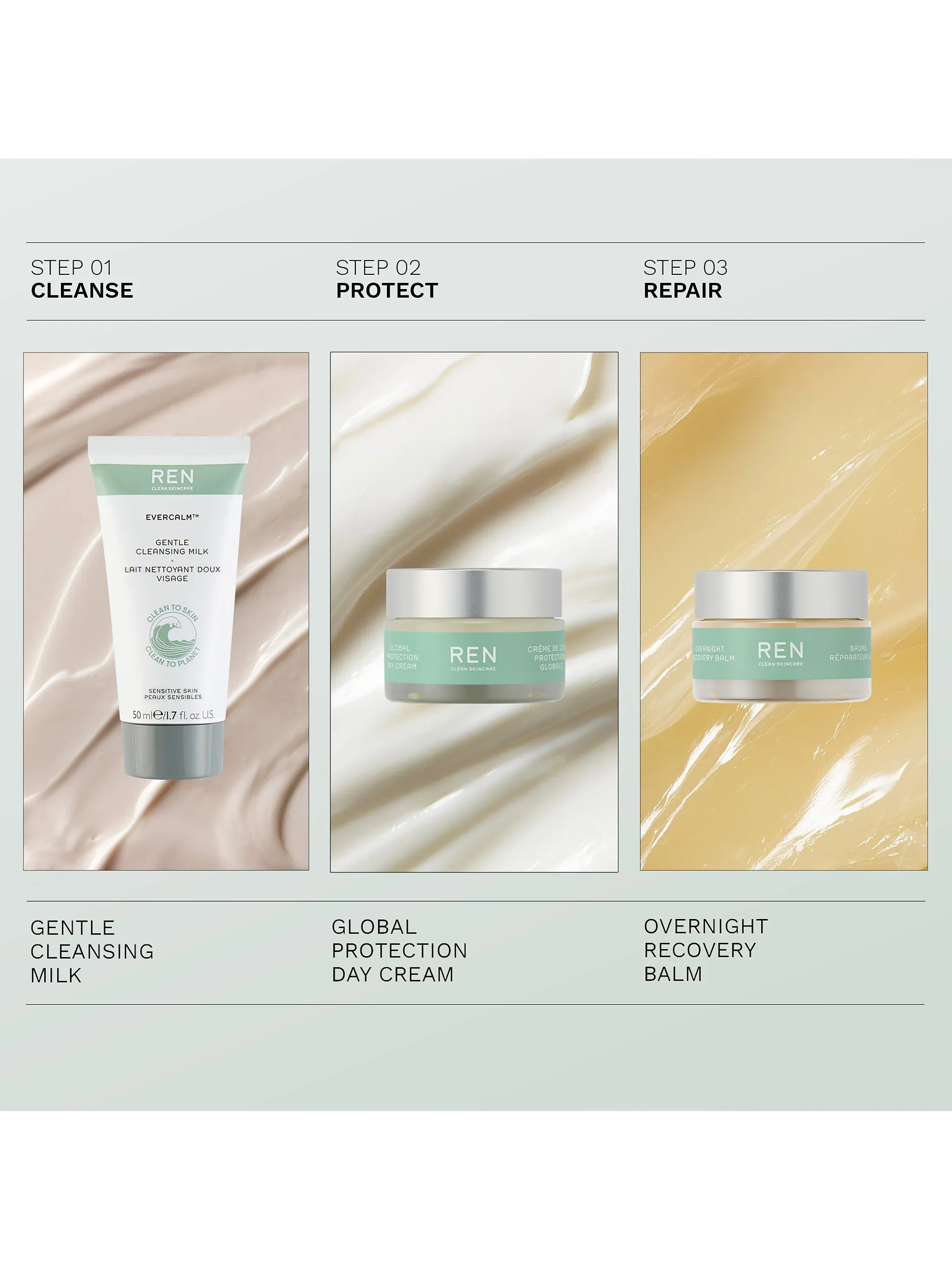 REN Clean Skincare Cleanse, Calm & Protect Kit – Gesichtsreiniger, Tagescreme & Sonnenschutz
