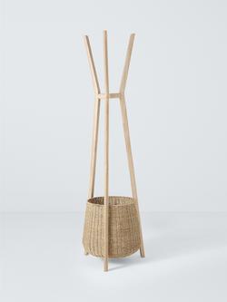 John Lewis Timber Coat Stand & Woven Storage Basket, White Washed, White Washed