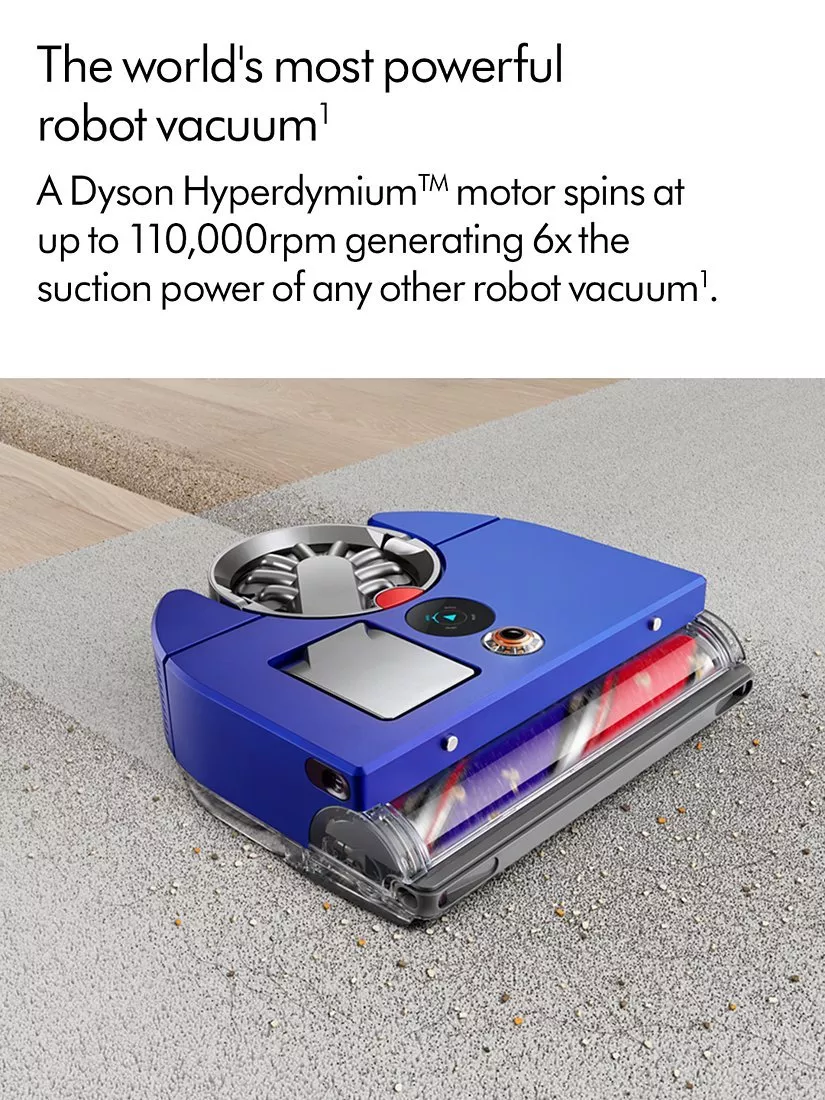 A blue Dyson robot vacuum on carpet with dirt, featuring a powerful Hyperdymium motor for enhanced suction.