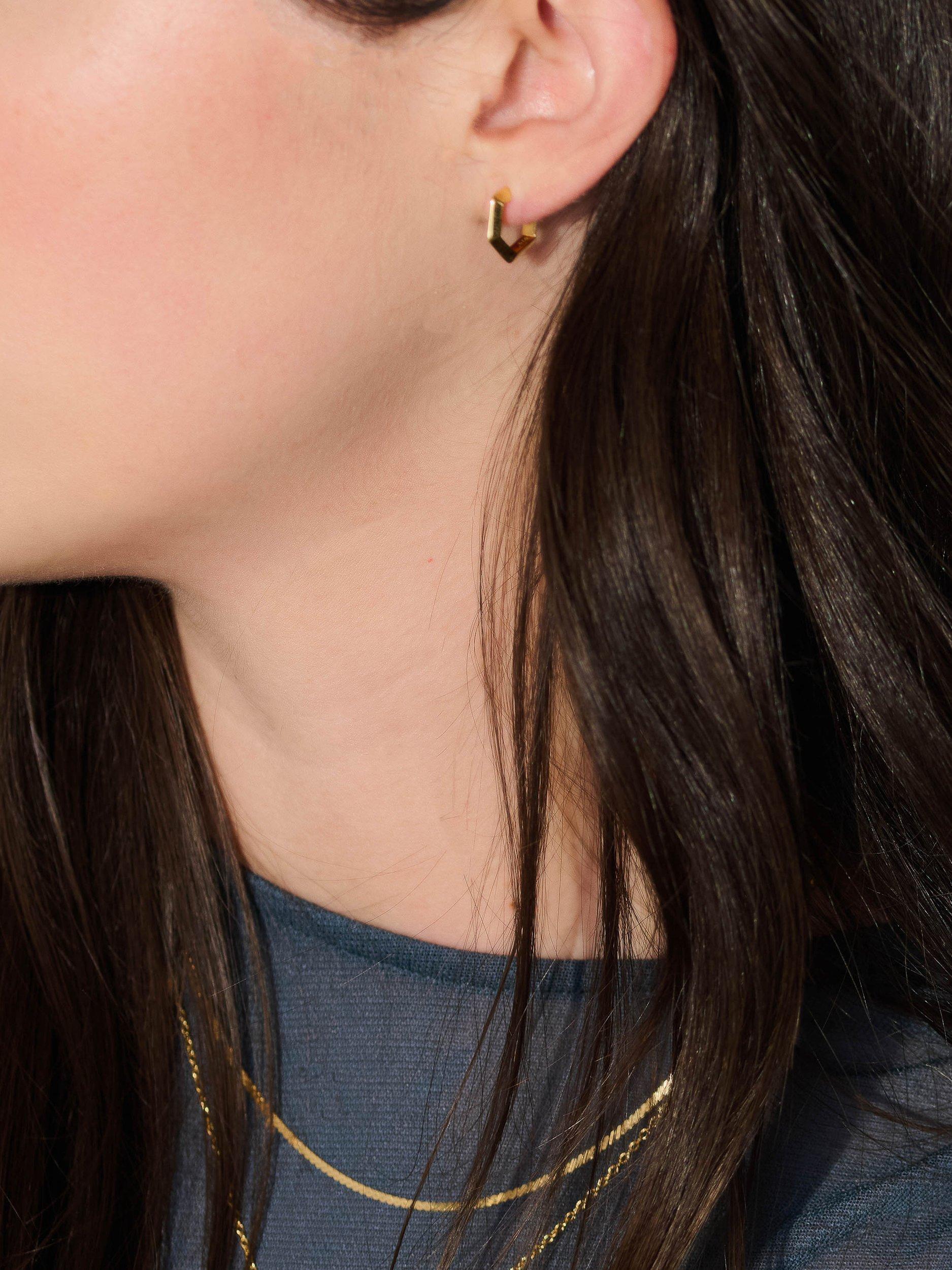 Product image 2 of 3, which shows Rachel Jackson London Mini Bevelled Hexagon Hoop Earrings, Gold