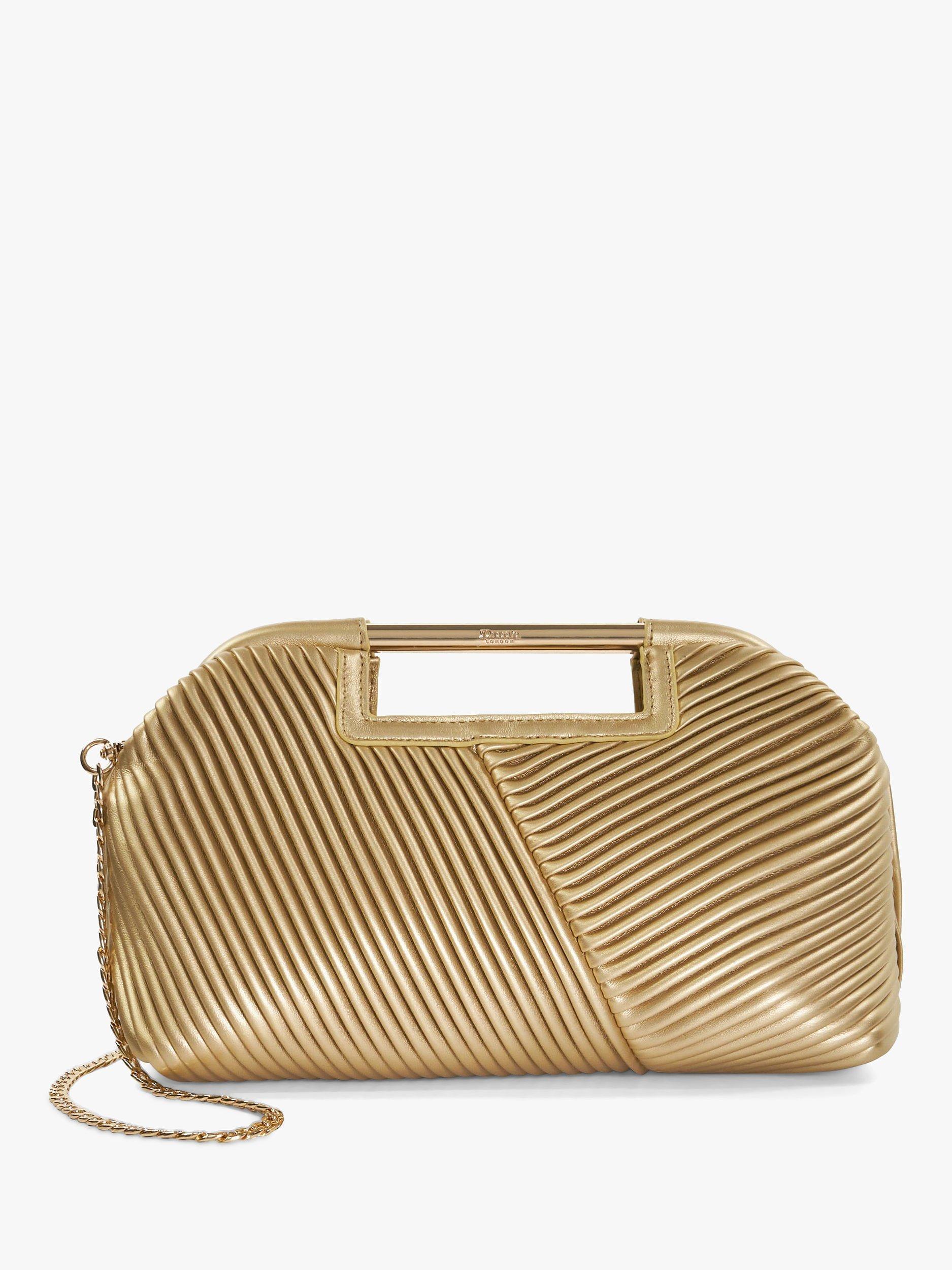 Product image 1 of 5, which shows Dune Ebec Metal Handle Pleated Clutch Bag, Gold