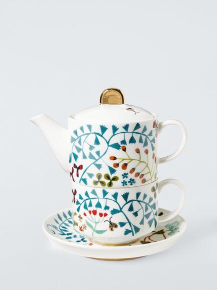 John Lewis Ulla Floral Fine Tea For One Stacking Teapot & Cup Gift Set, Multi