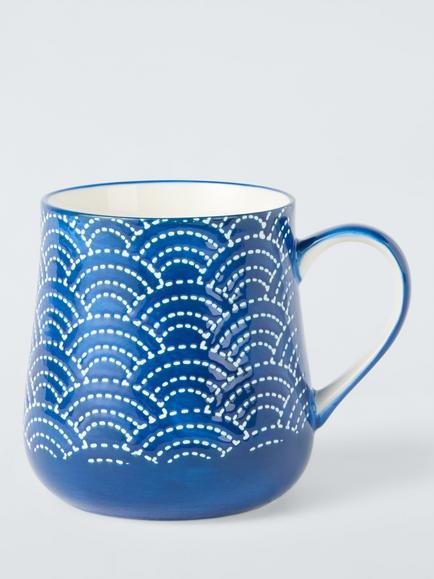 John Lewis Wax Resist Waves Large Stoneware Mug, 460ml, Blue, 