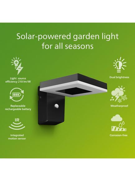 Philips Zonal Solar Powered Outdoor Square Wall Light, Black - view 2, Black