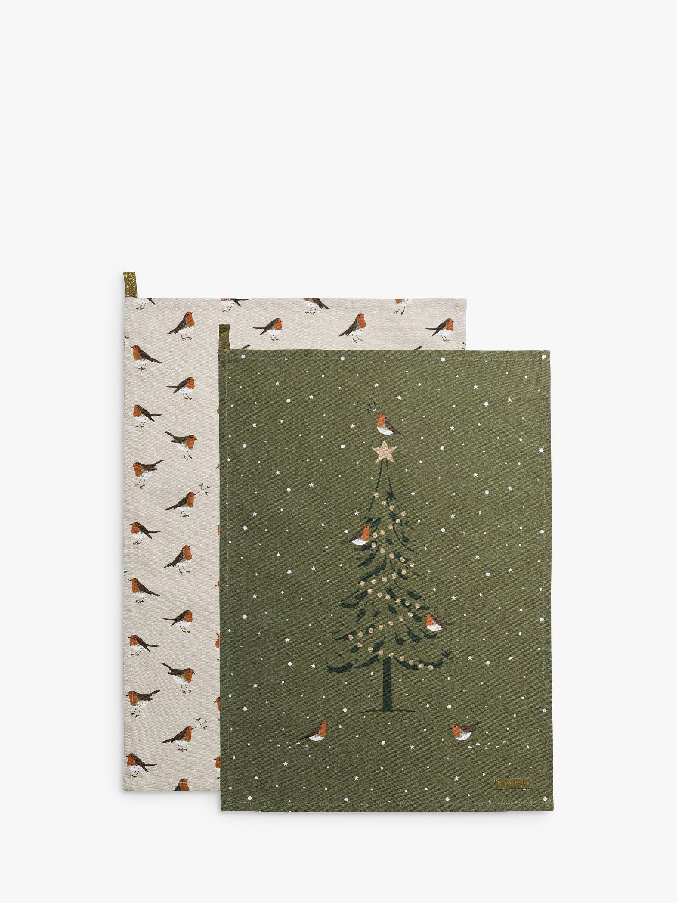 Sophie Allport Robin Print Cotton Tea Towel, Set of 2, Green