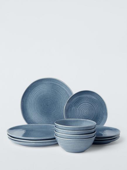 John Lewis Skye Reactive Glaze Stoneware Dinnerware Set, 12 Piece, Light Blue, 
