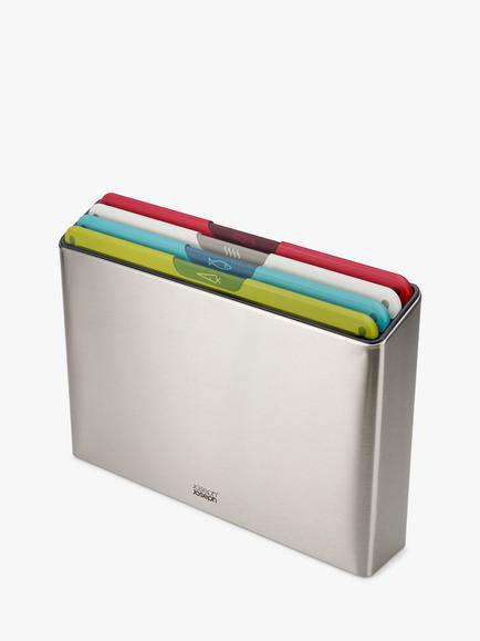 Joseph Joseph Folio Icon Chopping Boards & Stainless Steel Storage Case, Set of 4, Silver/Multi, Silver/Multi