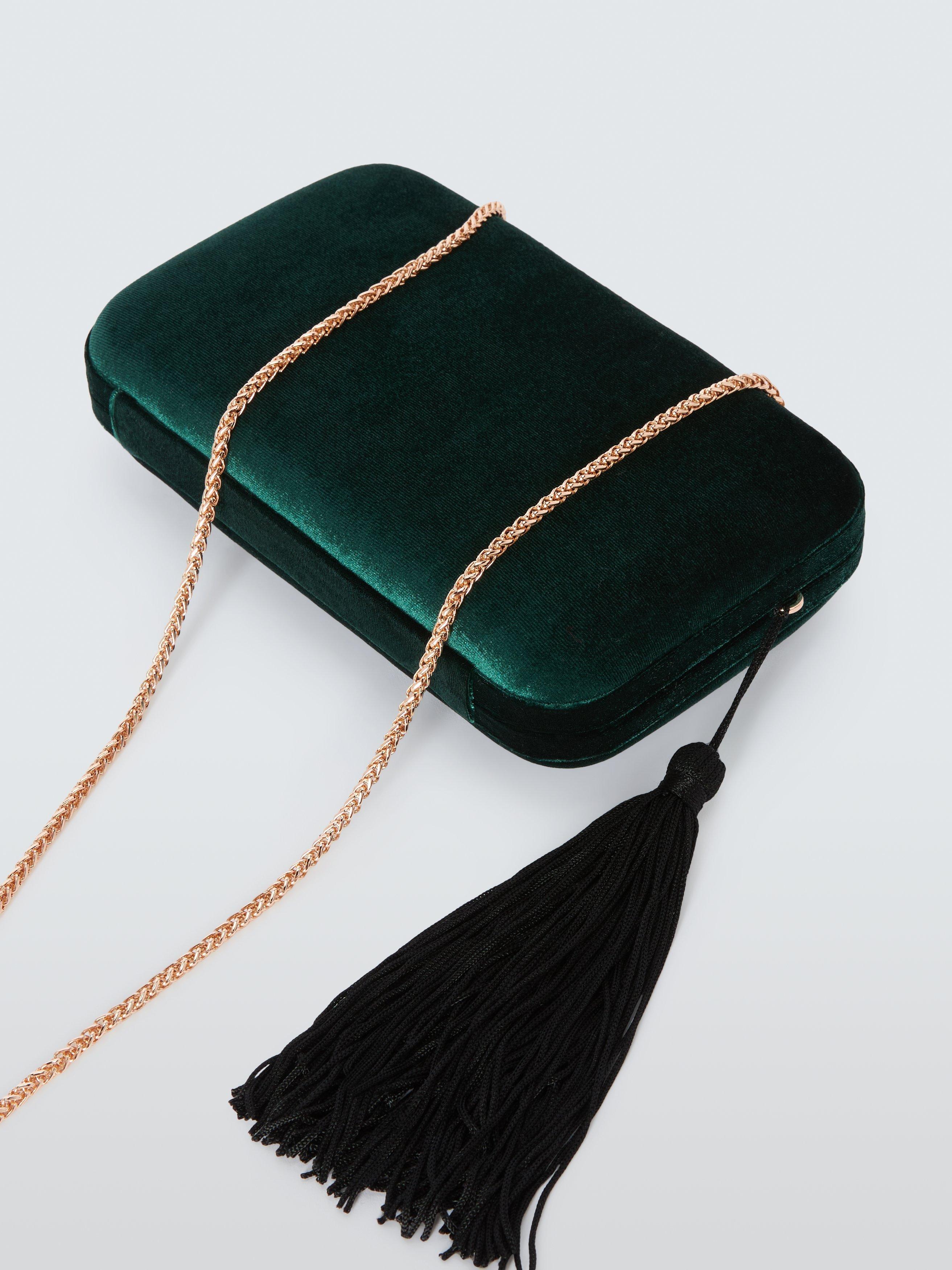 John Lewis Stella Velvet Tassle Chain Strap Clutch Bag Forest Green