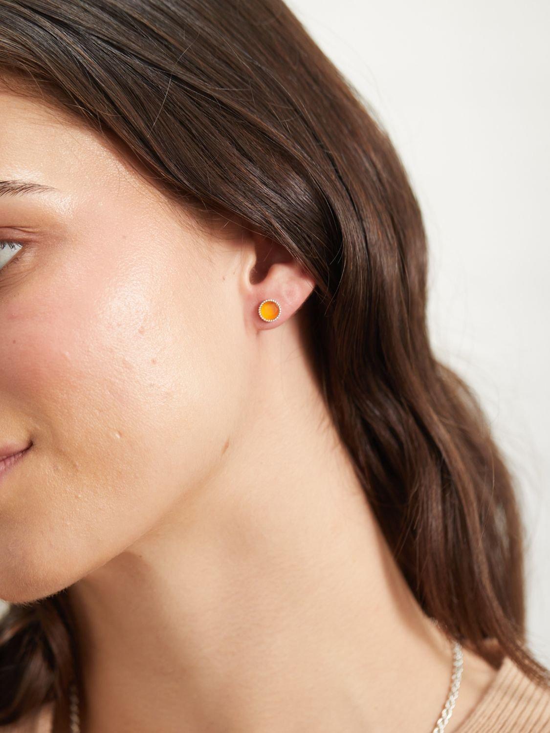 Product image 2 of 4, which shows Auree Barcelona Birthstone Sterling Silver Stud Earrings, Carnelian - July