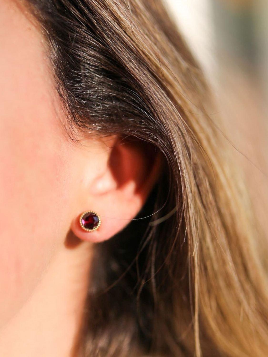 Product image 2 of 4, which shows Auree Barcelona Birthstone Gold Vermeil Stud Earrings, Garnet - January