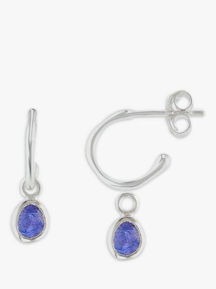 Auree Hampton Sapphire Drop Mini Hoop Earrings, Silver/Blue, Silver/Blue