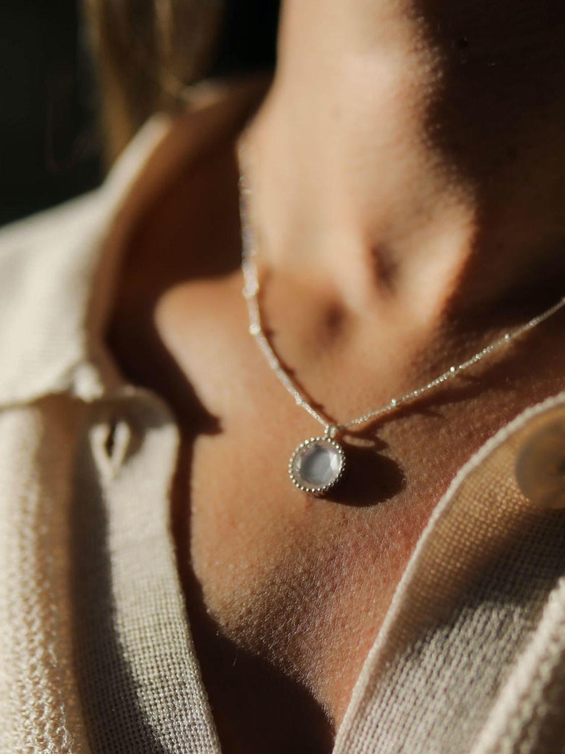 Product image 2 of 4, which shows Auree Barcelona Birthstone Sterling Silver Necklace, Rose Quartz - October