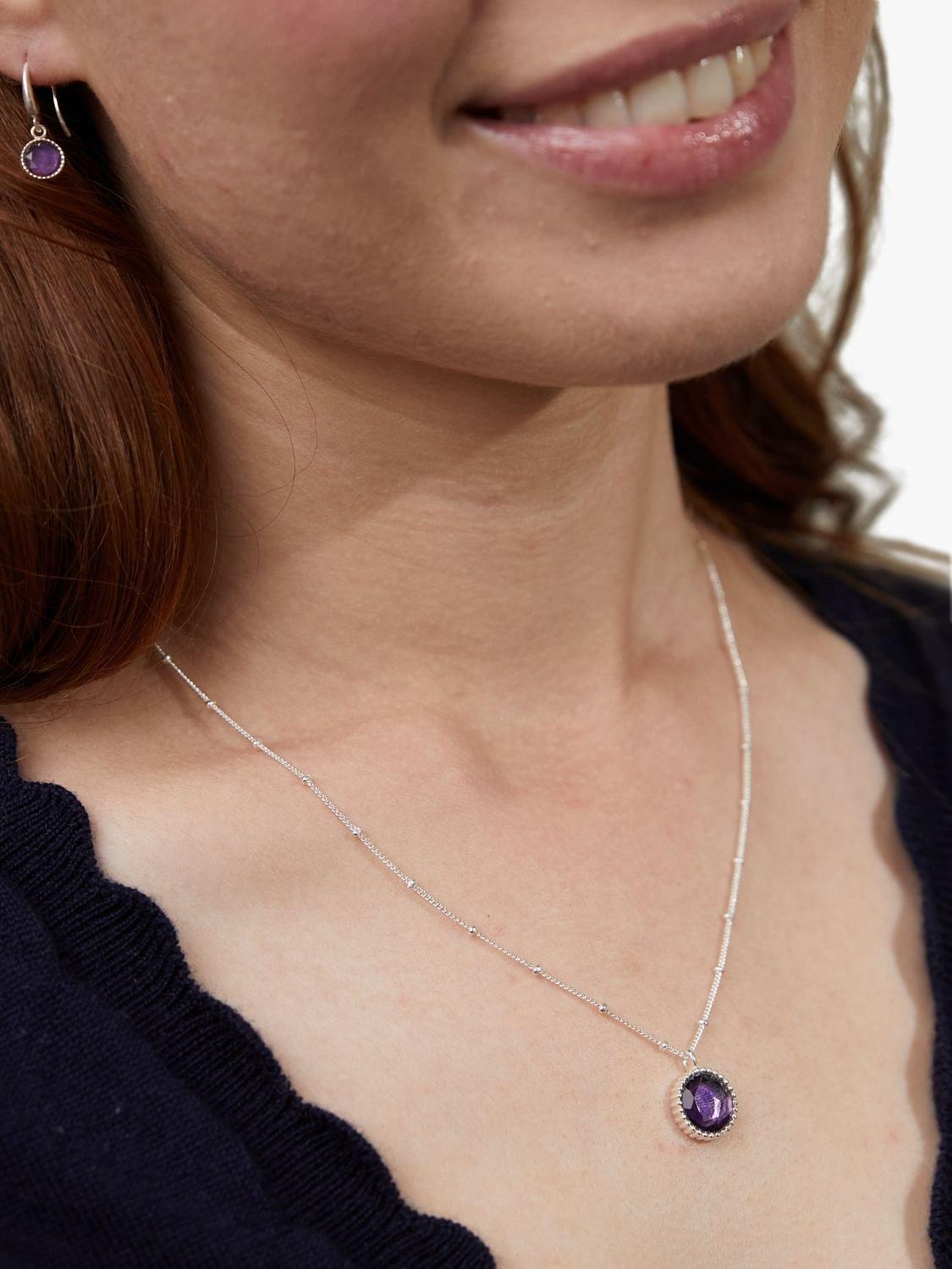 Product image 2 of 6, which shows Auree Barcelona Personalised Birthstone Sterling Silver Beaded Pendant Necklace, Amethyst - February