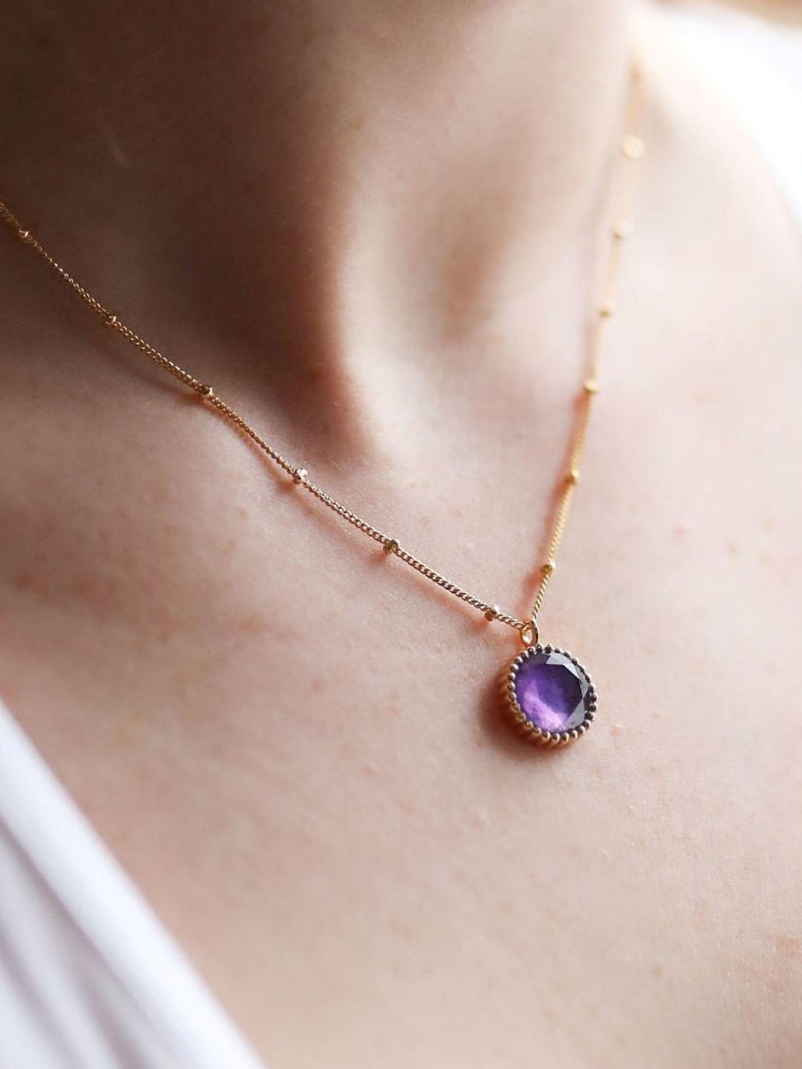 Product image 2 of 6, which shows Auree Barcelona Personalised Birthstone Gold Vermeil Beaded Pendant Necklace, Amethyst - February