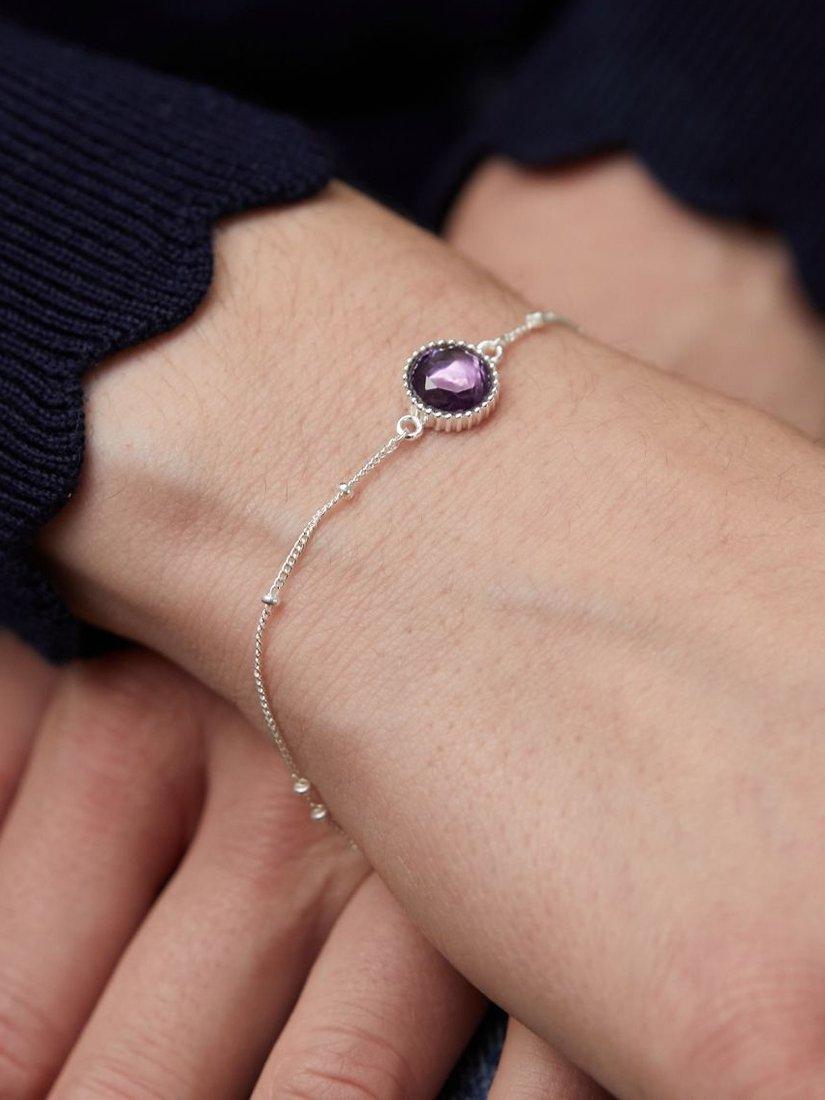 Product image 2 of 6, which shows Auree Barcelona Personalised Birthstone Sterling Silver Beaded Chain Bracelet, Amethyst - February