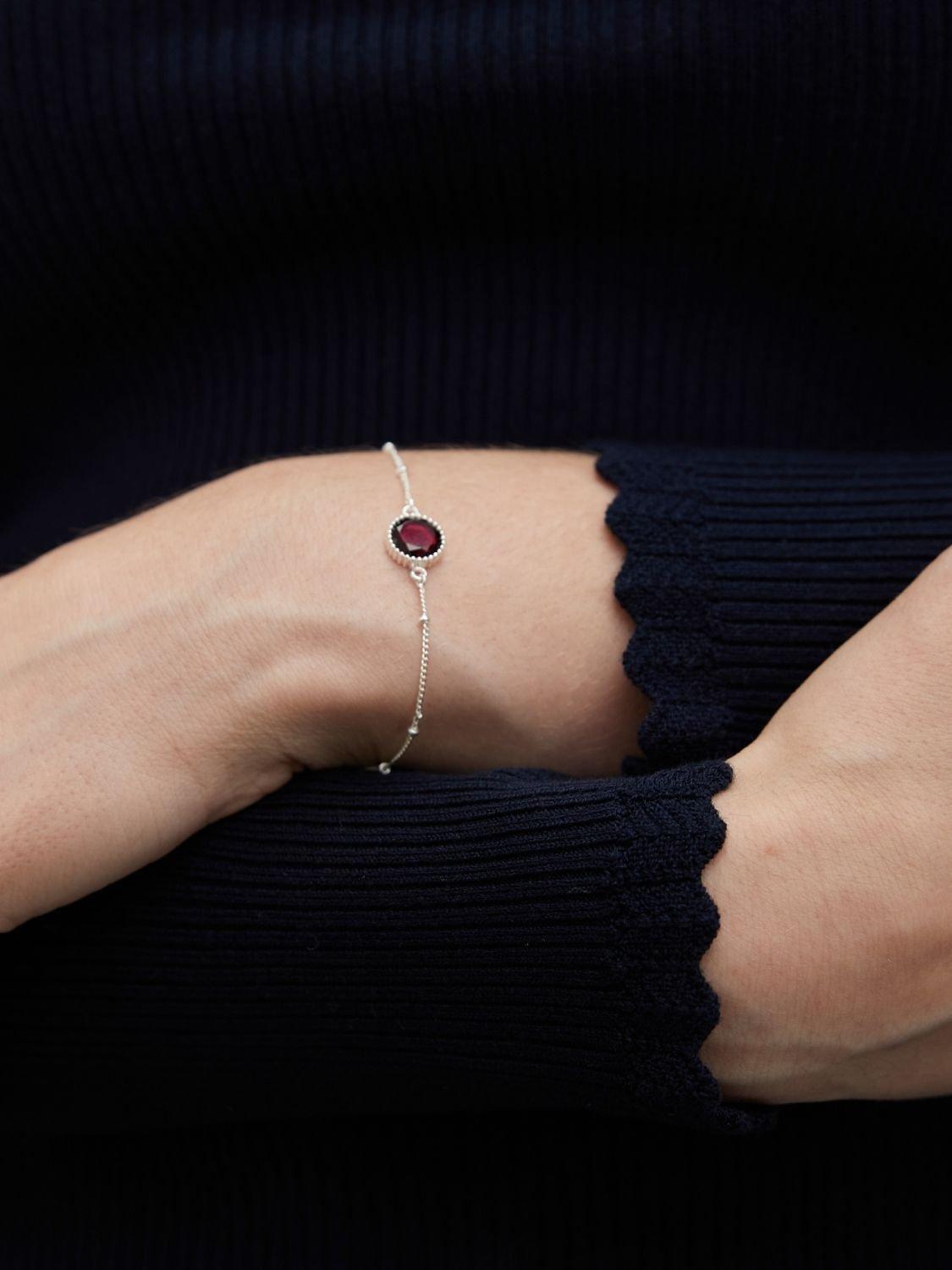 Product image 2 of 6, which shows Auree Barcelona Personalised Birthstone Sterling Silver Beaded Chain Bracelet, Garnet - January