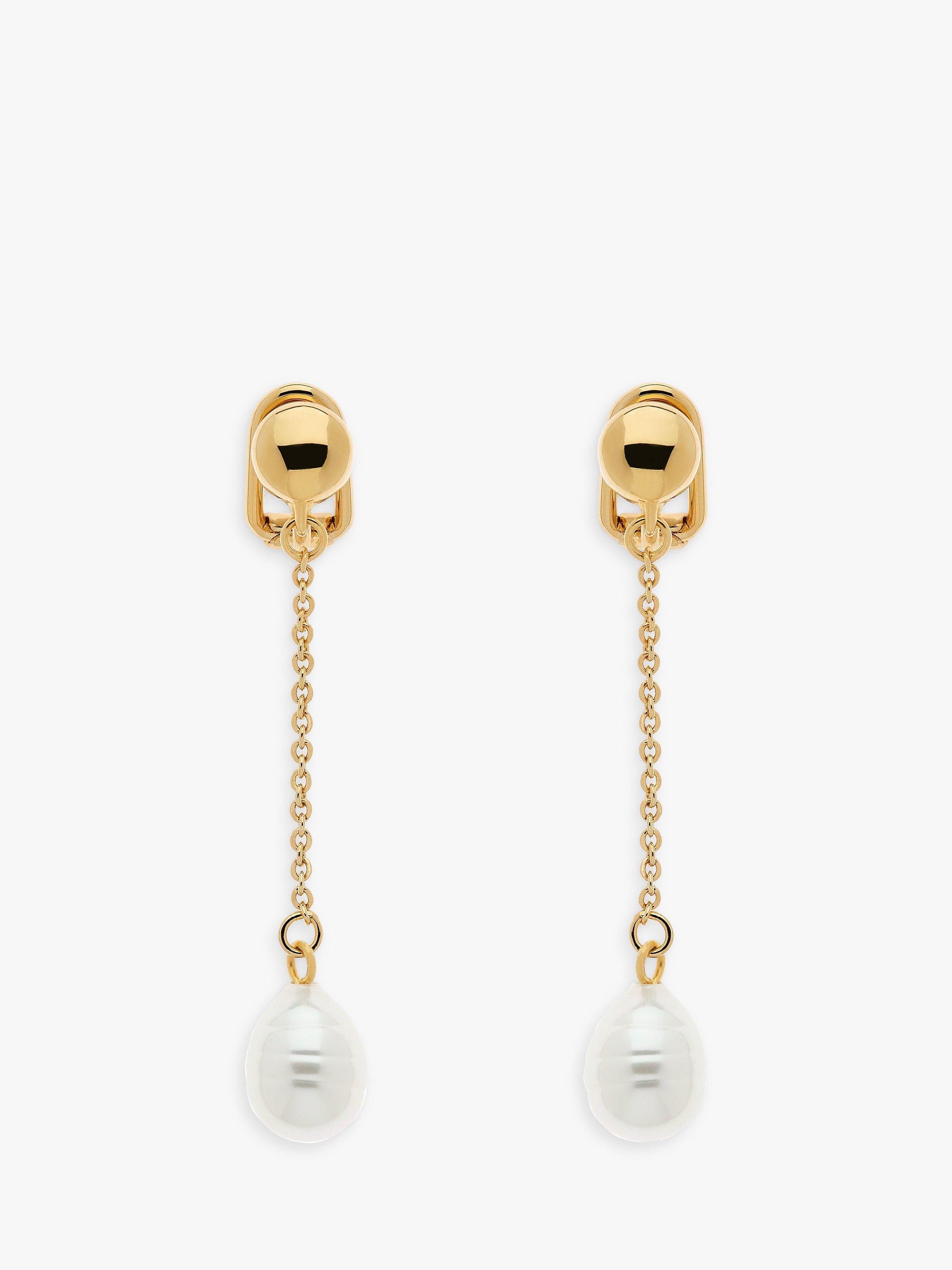 Product image 1 of 3, which shows Emma Holland Chain & Baroque Pearl Drop Clip-On Earrings, Gold
