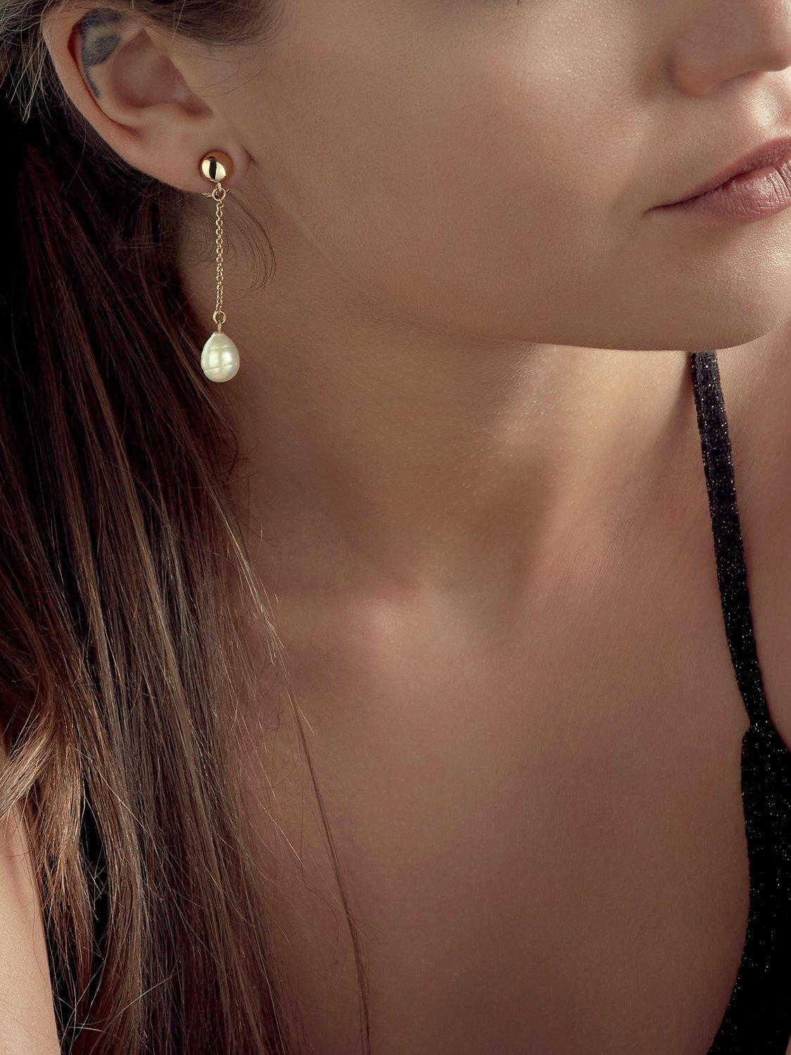 Product image 2 of 3, which shows Emma Holland Chain & Baroque Pearl Drop Clip-On Earrings, Gold