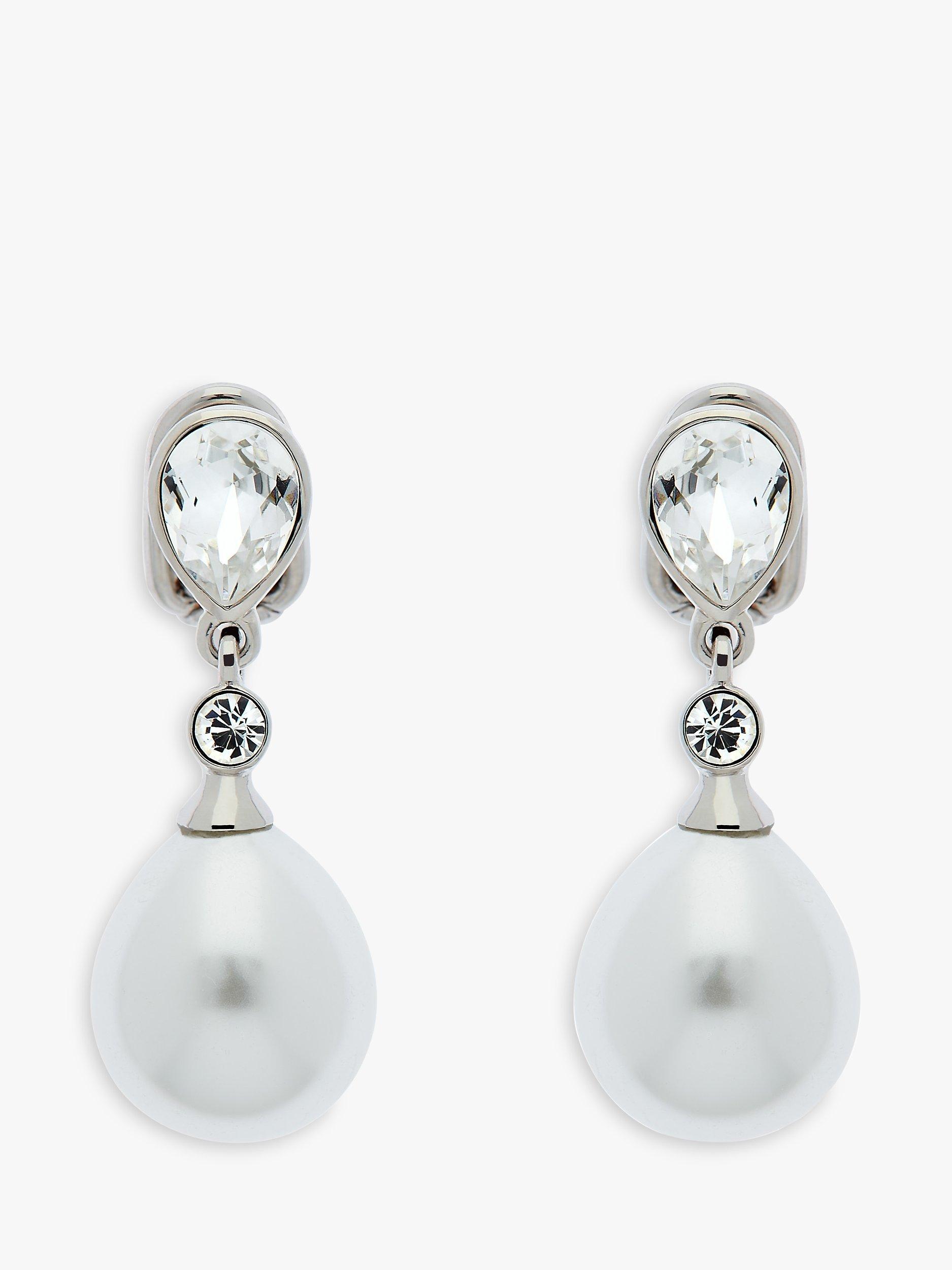 Product image 1 of 3, which shows Emma Holland Crystal & Teardrop Pearl Drop Clip-On Earrings, Silver