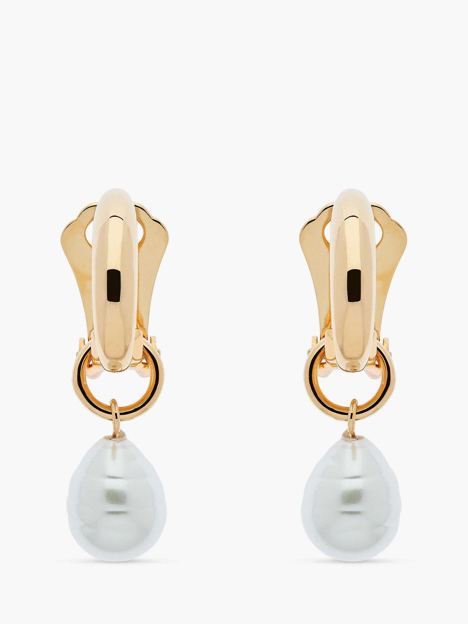 Product image 1 of 3, which shows Emma Holland Hoop & Baroque Pearl Charm Drop Clip-On Earrings, Gold