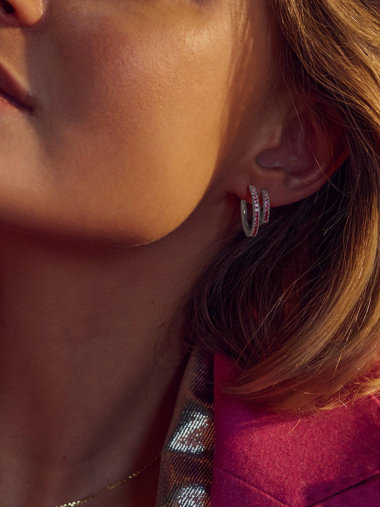 Product image 2 of 2, which shows Sif Jakobs Jewellery Pink Zirconia Medium Hoop Earrings, Silver