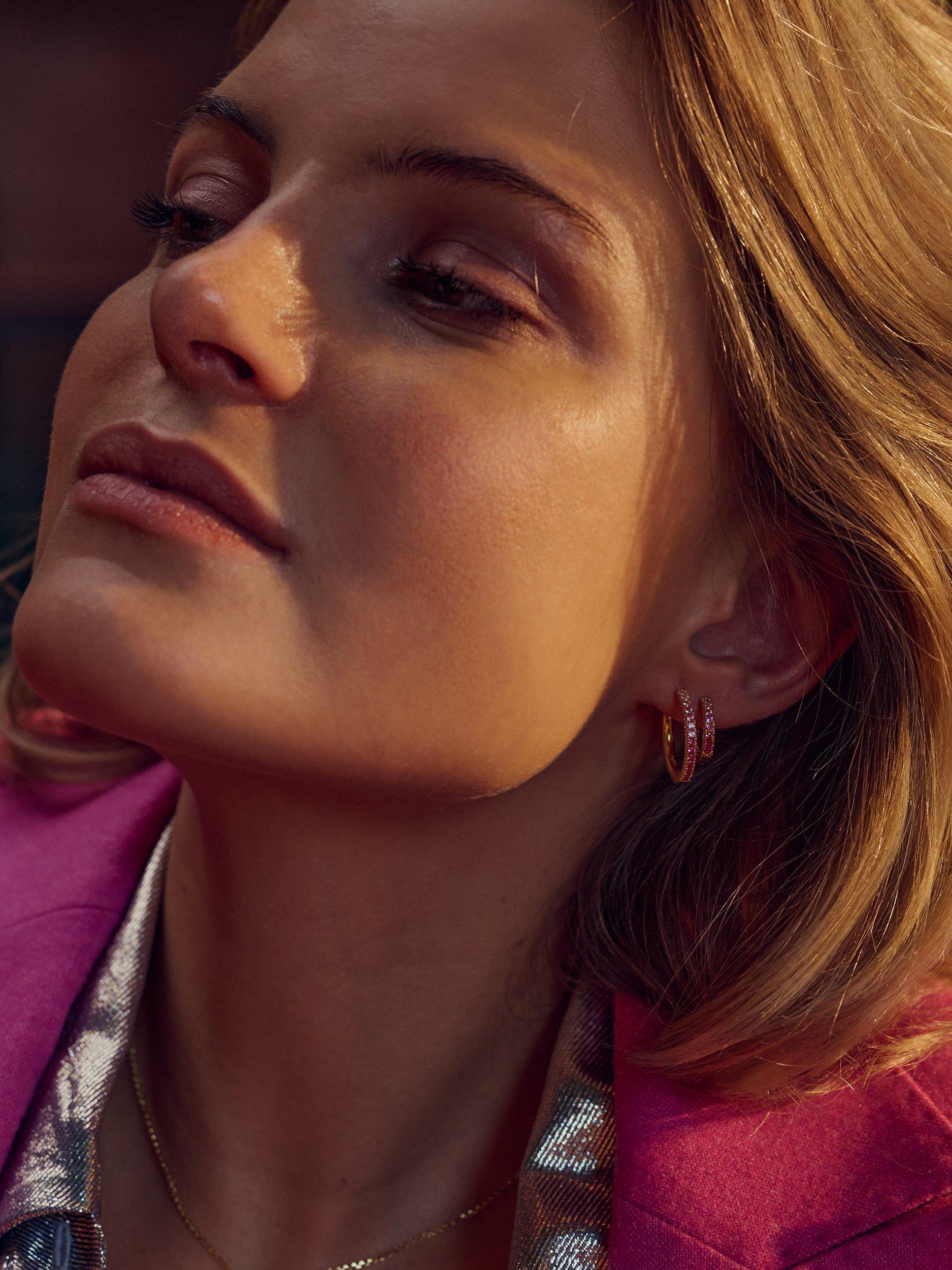 Product image 2 of 2, which shows Sif Jakobs Jewellery Pink Zirconia Small Hoop Earrings, Gold