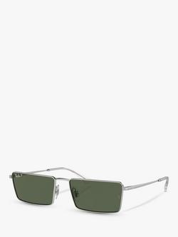 Ray-Ban RB3741 Unisex Polarised Rectangular Sunglasses, Silver/Green, Silver/Green