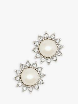Eclectica Pre-Loved Rhodium Plated Faux Pearl Swarovski Crystal Daisy Clip-On Earrings, Dated Circa 1990s, Silver, Silver