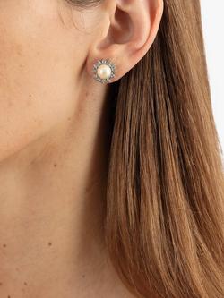 Eclectica Pre-Loved Rhodium Plated Faux Pearl Swarovski Crystal Daisy Clip-On Earrings, Dated Circa 1990s, Silver - view 2, Silver