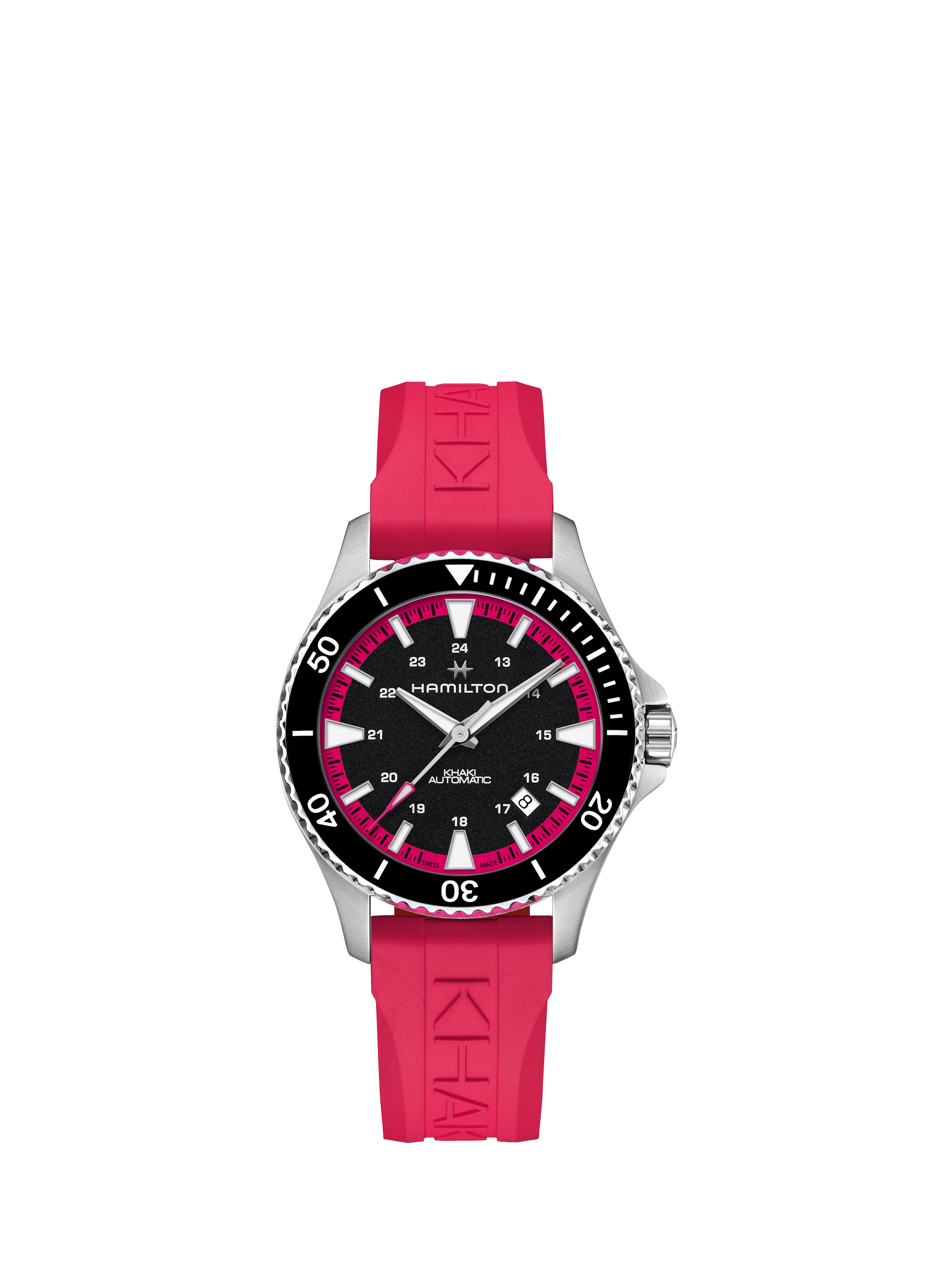 Hamilton H82395330 Unisex Khanki Navy Scuba Automatic Date Rubber Strap Watch, Black/Pink