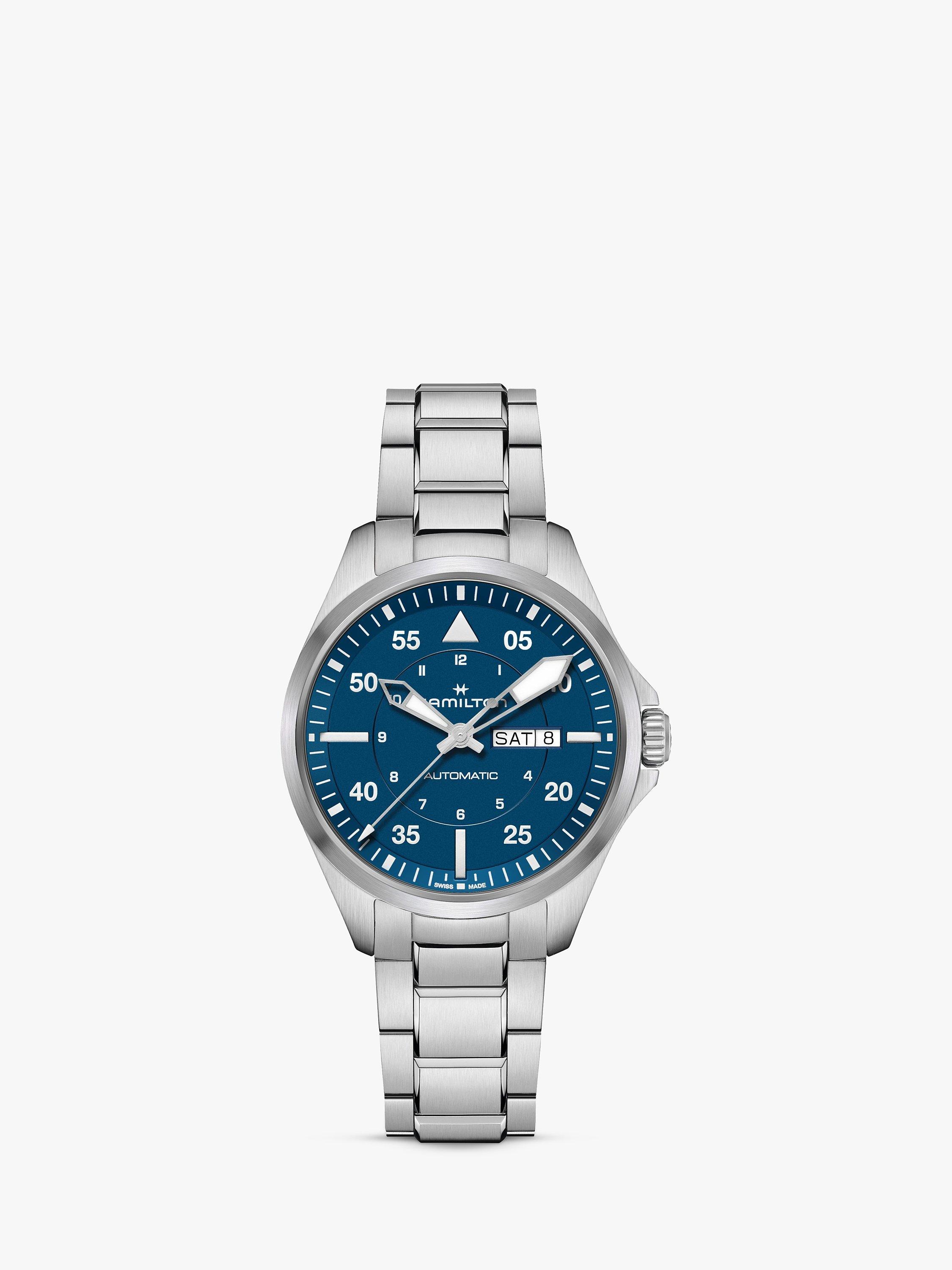 Hamilton H64635140 Men's Khaki Aviation Pilot Day Date Automatic Bracelet Strap Watch, Blue/Silver