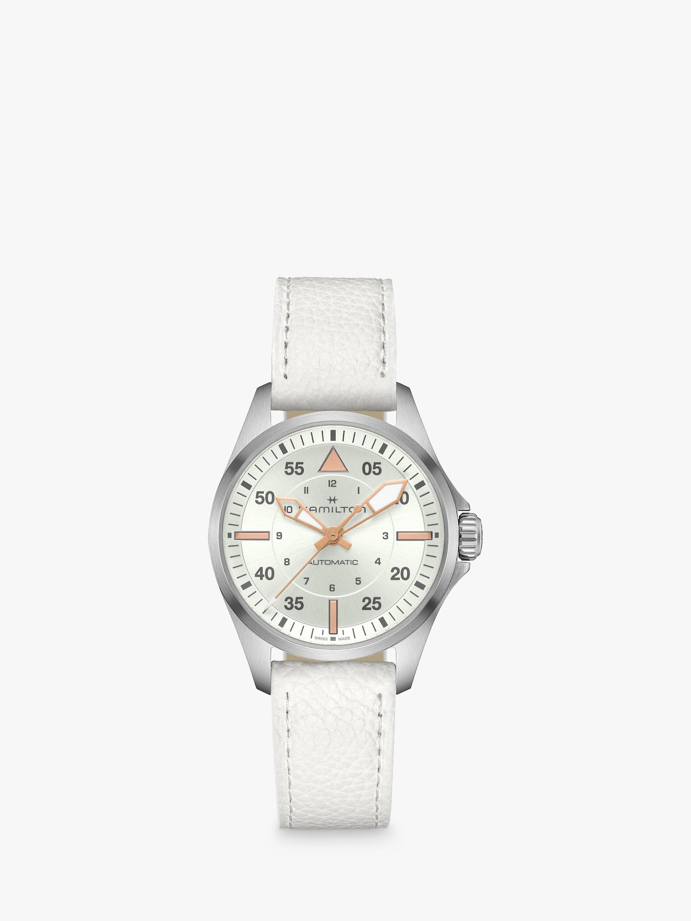 Product image 1 of 5, which shows Hamilton Women's Khaki Pilot Automatic Leather Strap Watch, White H76215850