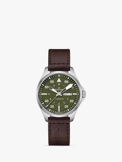 Hamilton H64635560 Men's Khaki Aviation Pilot Day Date Automatic Leather Strap Watch, Green/Brown, Green/Brown