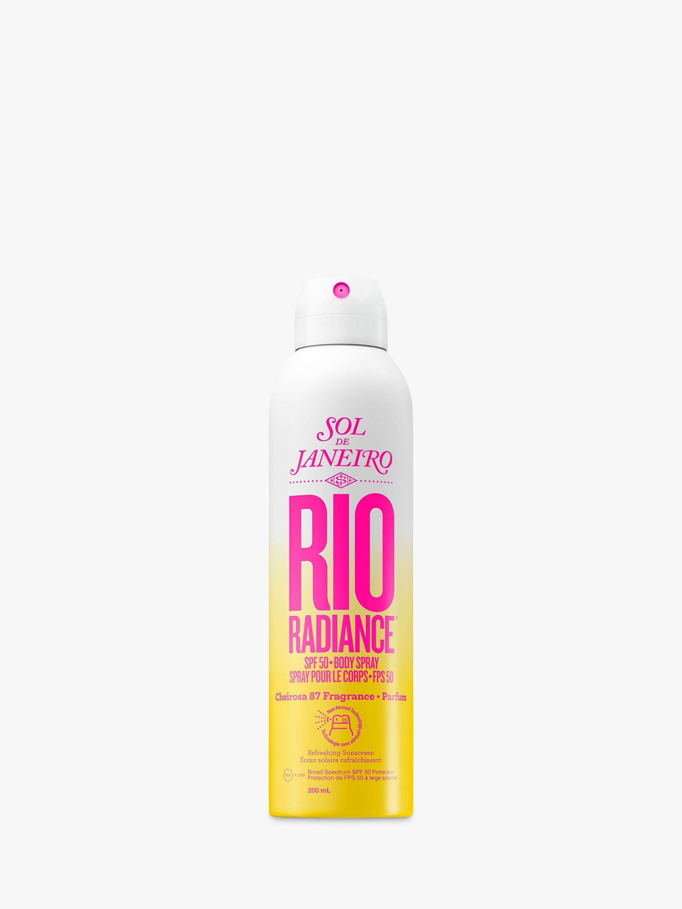 bottle of Sol de Janeiro Rio Radiance Body Spray SPF 50 on a grey background