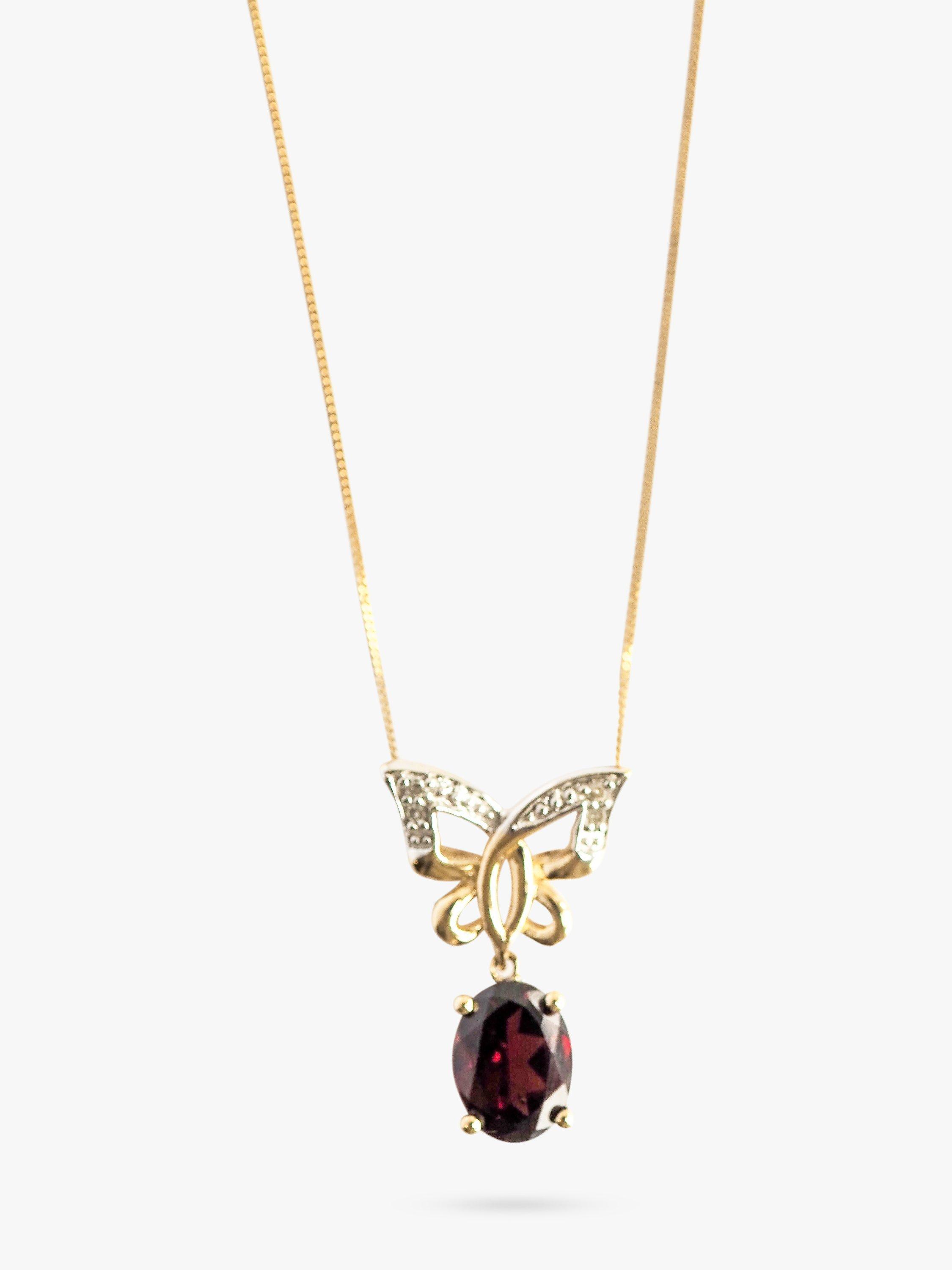 L & T Heirlooms Pre-Loved 9ct Yellow Gold Garnet and Diamond Butterfly Pendant Necklace, Gold
