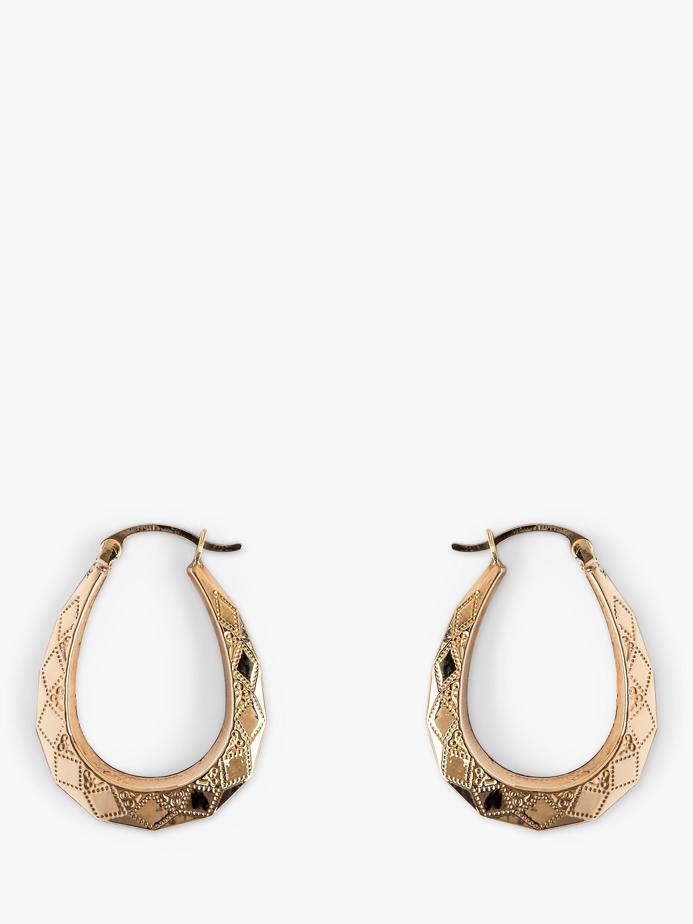 Product image 1 of 1, which shows L & T Heirlooms Pre-Loved 9ct Yellow Gold Engraved Diamond Creole Hoop Earrings, Gold