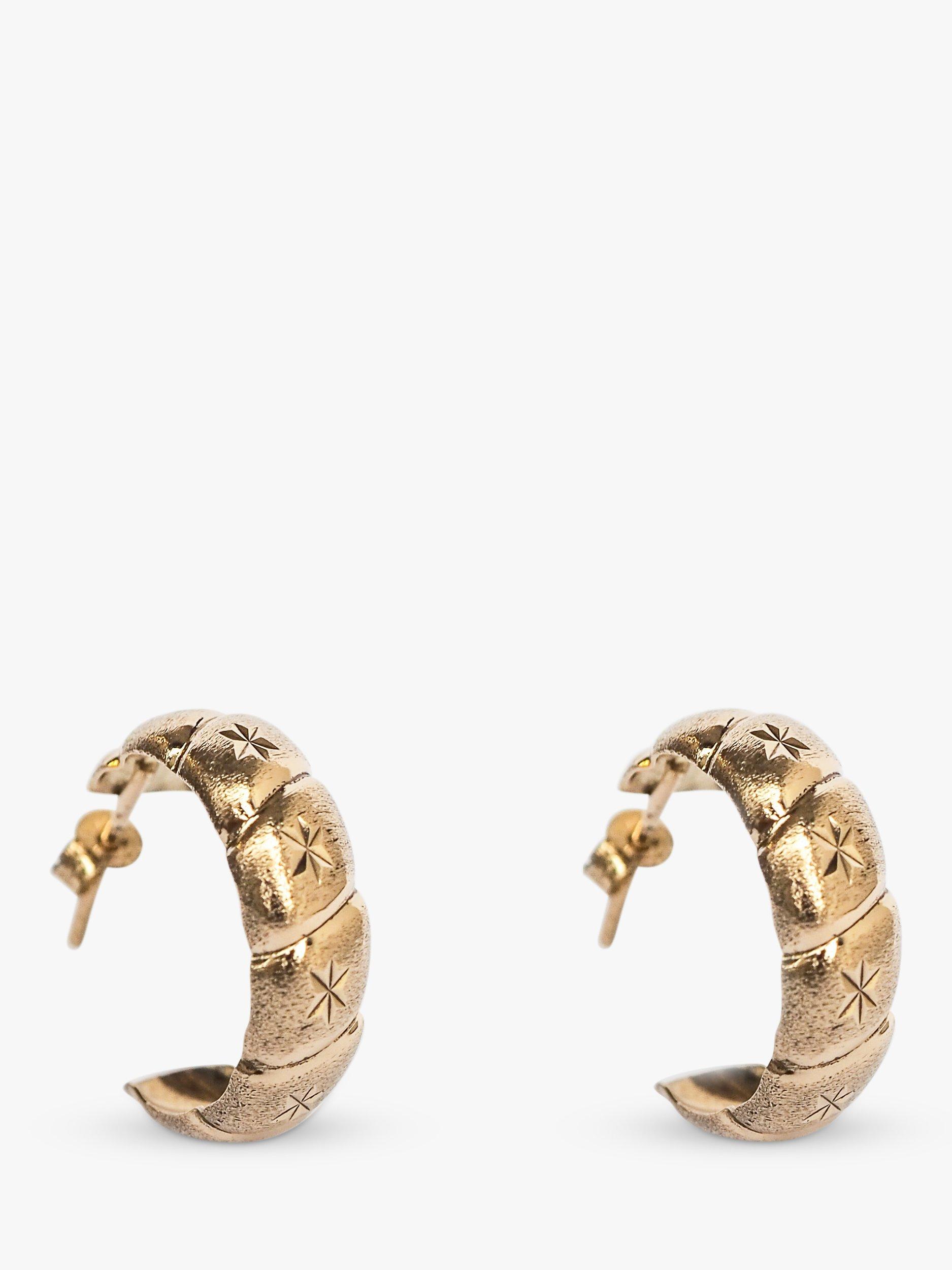 Product image 1 of 1, which shows L & T Heirlooms Pre-Loved 9ct Yellow Gold Star Engraved Demi Hoop Earrings, Gold