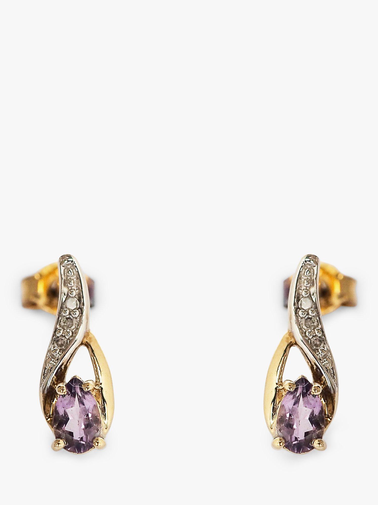 L & T Heirlooms Pre-Loved 9ct Yellow Gold Amethyst & Diamond Stud Earrings